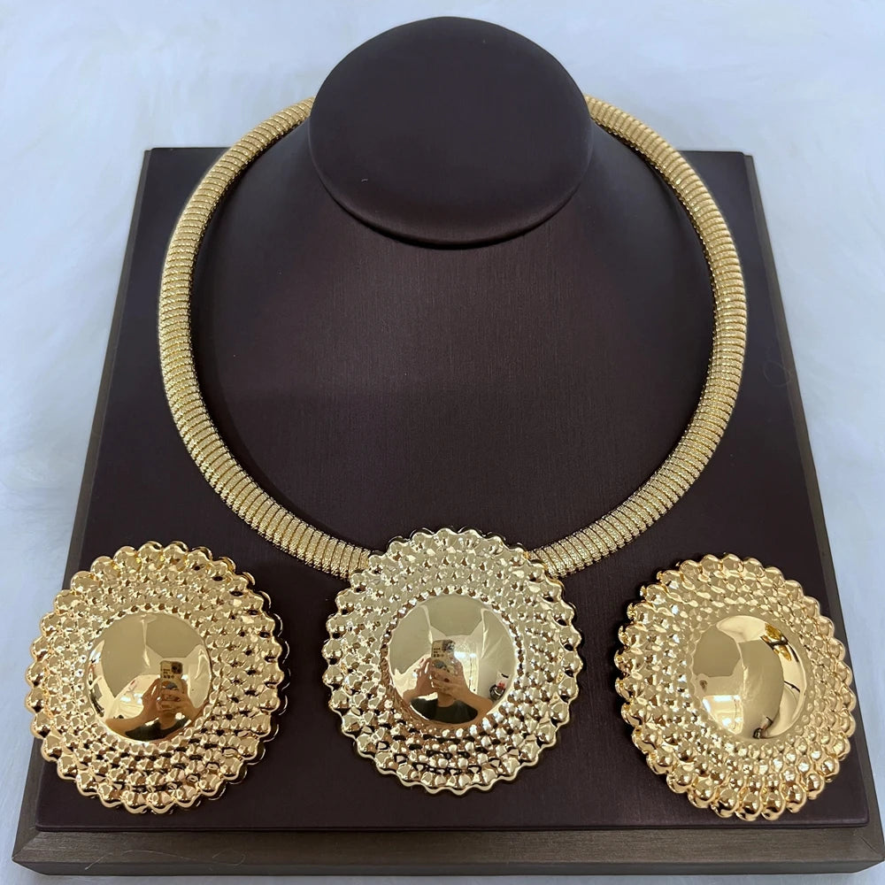 Ensemble de bijoux de Dubaï pour femme, collier et boucles d'oreilles pendentif perles rondes, bijoux plaqués or pour mariages, cadeau accessoire de mariée