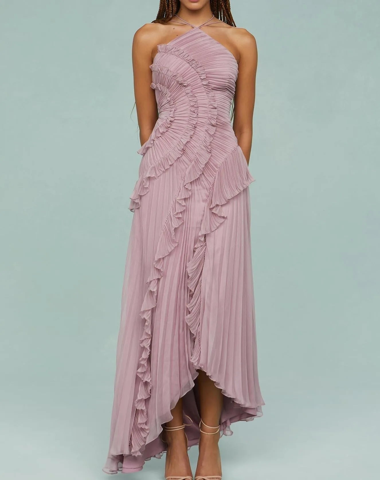 Abito lungo plissettato con volant da donna elegante Abito lungo fluido pieghettato a strati irregolare con scollo all'americana senza maniche per la festa di nozze