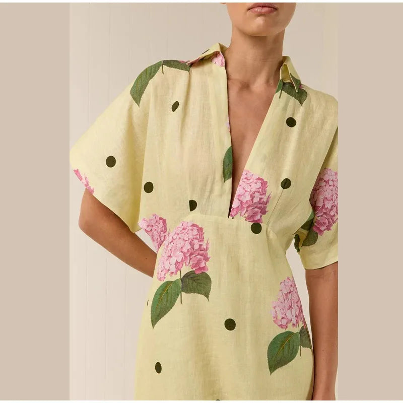Abito da donna stampato a fiori casual Abito lungo femminile allentato a maniche corte con scollo a V profondo 2025 Primavera Estate Nuova moda Lady Robe