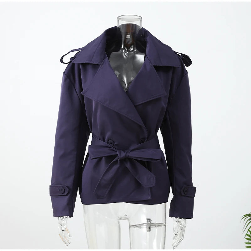 Trench con lacci con risvolto solido per le donne Moda maniche lunghe spalla larga cappotto corto allentato 2025 Nuovo autunno pendolari Outwear