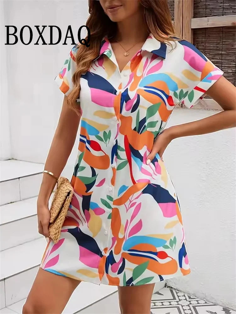 Abito estivo da donna Moda Geometri Stampato Abiti a maniche corte 2025 Party Elegante vestito estivo Casual Camicie con risvolto con bottoni Abito