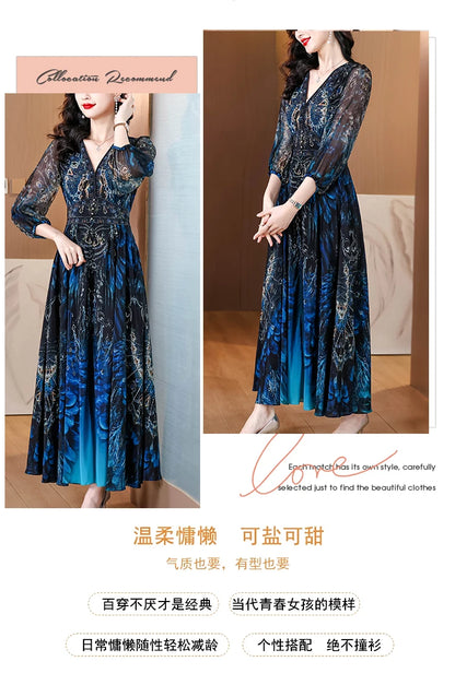 Vacanza primaverile Boho Beach Hepburn Maxi Abiti 2025 Stampa vintage da donna Elegante abito da sera estivo in seta di lusso