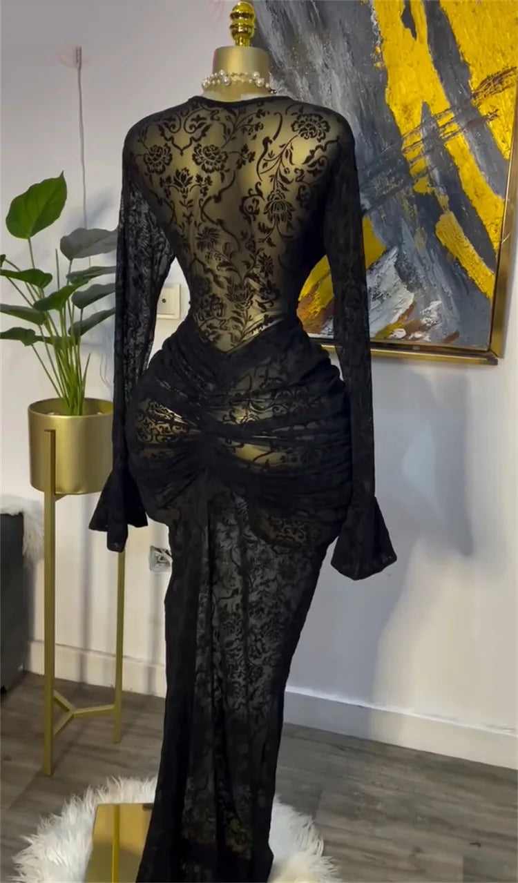 CM.YAYA Abito lungo aderente da donna a maniche lunghe in rete increspata trasparente con fodera 2025 Abiti da festa sexy per compleanno da sera autunnale