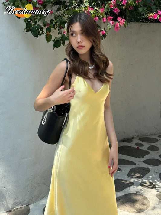 Elegante canotta tinta unita abito lungo slim fit donna moda splicing abiti stringati pieghettati gonna da spiaggia chic per le vacanze da donna