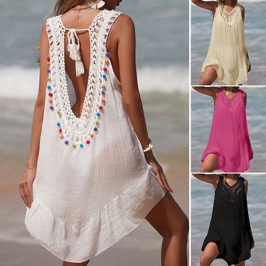 Abito corto da donna con scollo a V senza schienale scollato Abito corto con orecchio in legno con giunture all'uncinetto con palline colorate Copricostume da spiaggia
