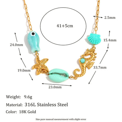 E.B.belle Vacances d'été Poisson bleu Étoile de mer Hippocampe Coquillage Pendentif Collier Acier inoxydable plaqué or Bijoux pour femmes
