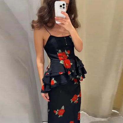 Ensembles jupe-top élégants imprimés à volants pour femme, débardeur sexy sans manches et sans dos, jupes longues 2025, tenues de plage pour femme