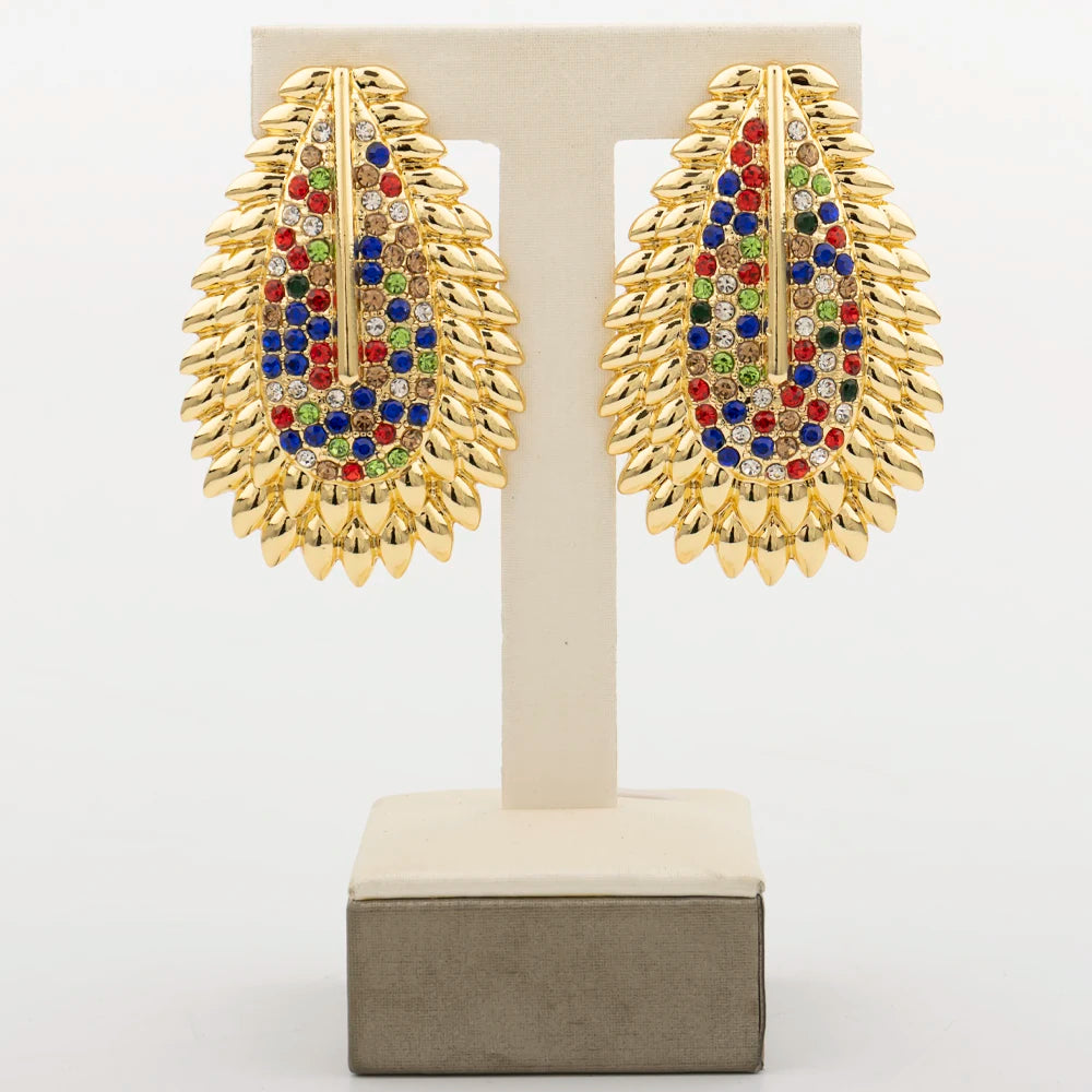 Parure de bijoux tendance et colorée pour femme, boucles d'oreilles et collier en zircon, grand bracelet plaqué or, bague, nouveau style, cadeau de bijoux