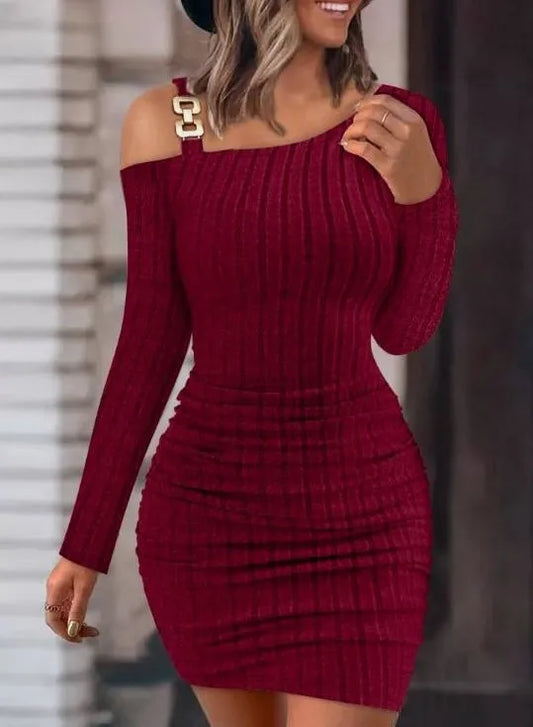 Abito sexy con spalle scoperte e collo inclinato a maniche lunghe per le donne Abiti da festa slim tinta unita autunno inverno alla moda femminile