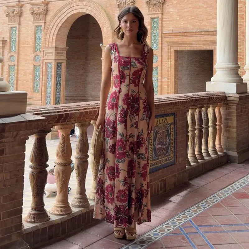 Abito Lungo da Donna con Stampa, Scollo a V, Maniche a Campana, Bordo a Foglia di Loto, Vita Alta, Vestito Maxi Aderente, Elegante Abito da Sera per Feste