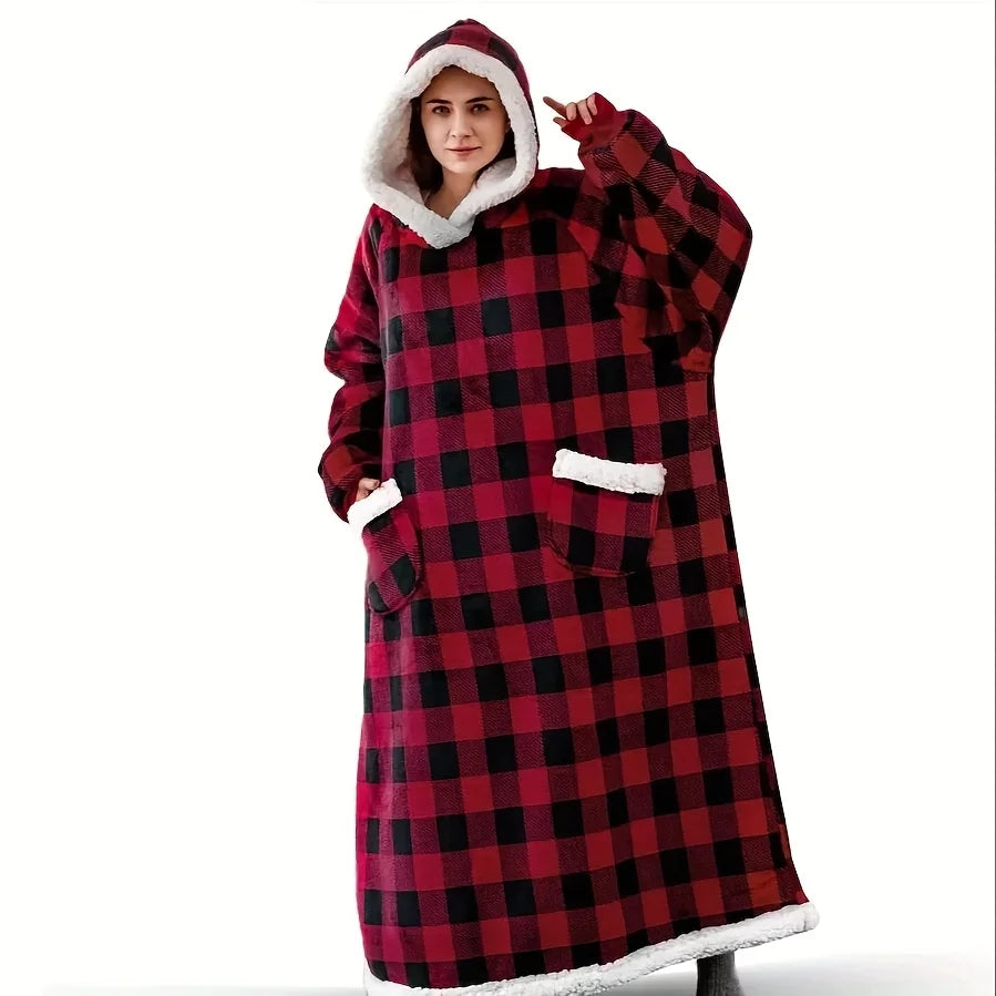 Accappatoio invernale da donna in flanella, extra lungo, con cappuccio e tasche verticali, coperta morbida e foderata in pile, ideale per rilassarsi davanti alla TV.
