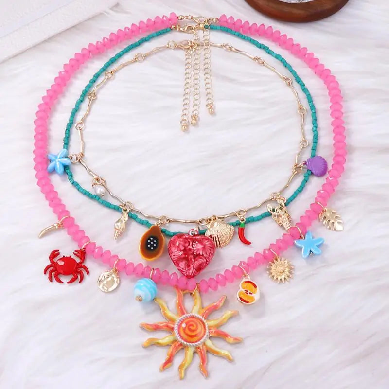 3Pcs/set New Colorful Resin Beaded Charms Necklaces For Women Summer Ocean Vacation Style Party Jewelry Neck Accessories
