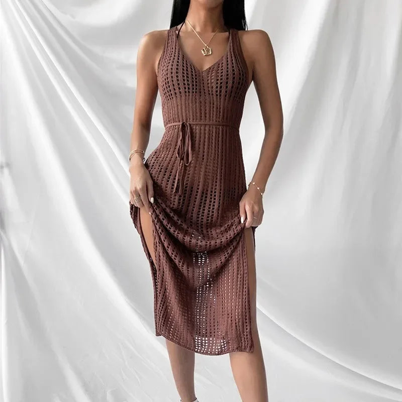 New Women's Sexy Knitted Midi Dresses Summer Elegant Beachwear Hollow Out Fishnet Bikini Cover-ups Vacation Long Dress for Girls