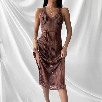 New Women's Sexy Knitted Midi Dresses Summer Elegant Beachwear Hollow Out Fishnet Bikini Cover-ups Vacation Long Dress for Girls