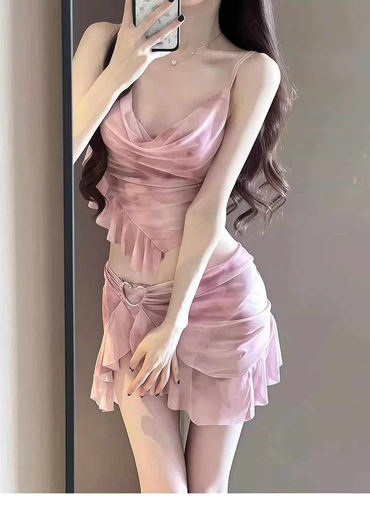 Nuovo stile coreano bikini set donna rosa sfumato volant push up gonna a rete costume da bagno 3 pezzi costume da bagno estivo costumi da bagno per le vacanze