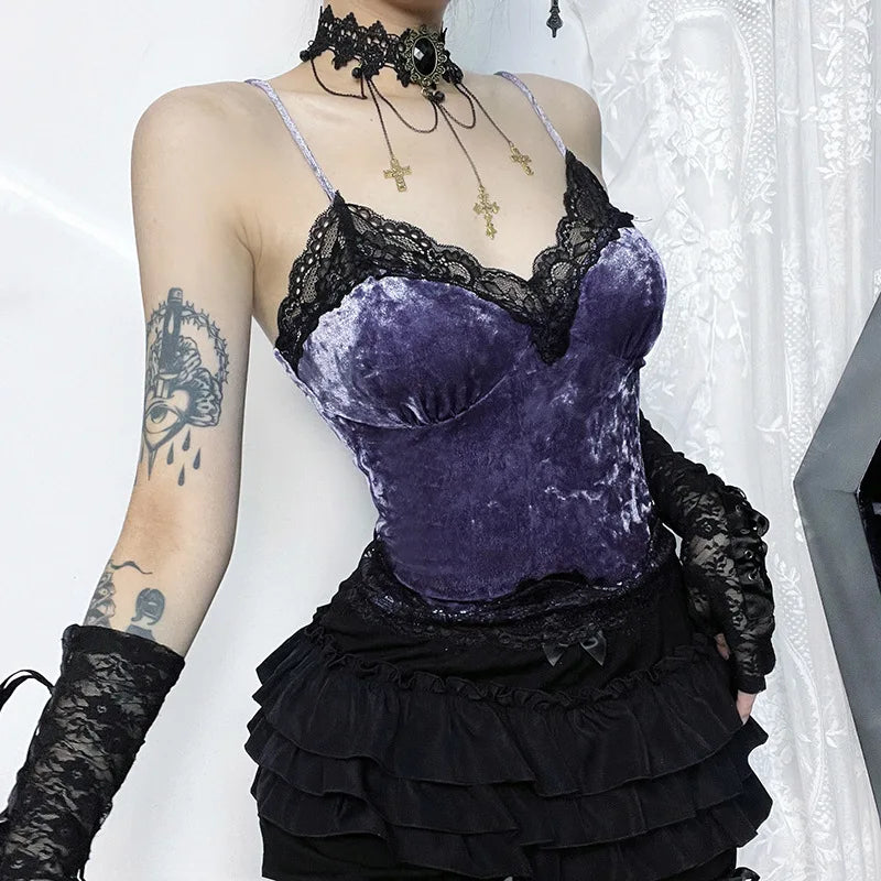 Summer New Sexy Spicy Girl Patchwork Women's Halter Tops Gothic Dark Court Vintage Style Velvet Lace Design Chic Woman Clothing