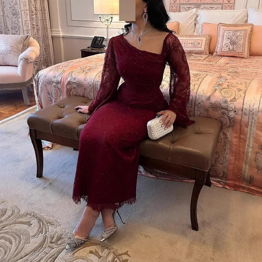 Abito da cerimonia da donna rosso vino tinta unita elegante casual alla moda sottile in pizzo alla caviglia primavera americana europea nuova moda