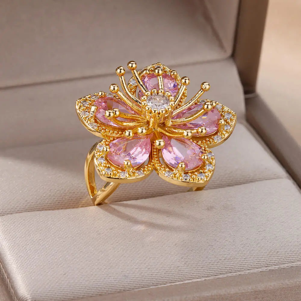 Anelli di fiori colorati con zirconi per le donne Anello floreale in acciaio inossidabile color oro Elegante regalo di gioielli estetici per matrimoni di lusso