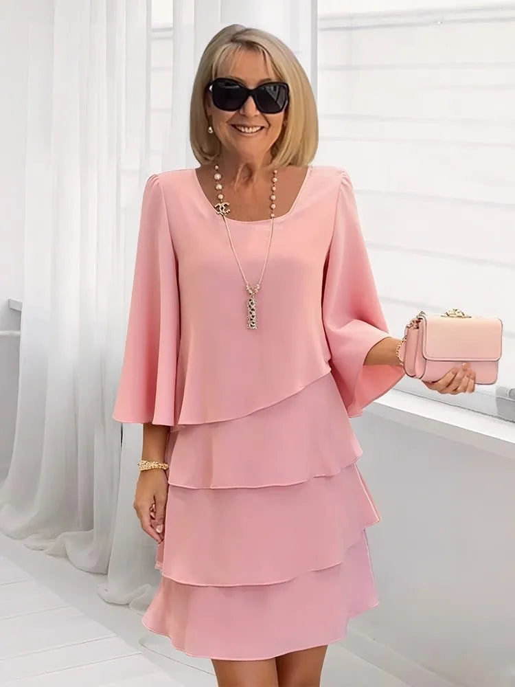 Abito longuette casual con volant Donna 2025 Abiti estivi con scollo a tinta unita moda estiva eleganti