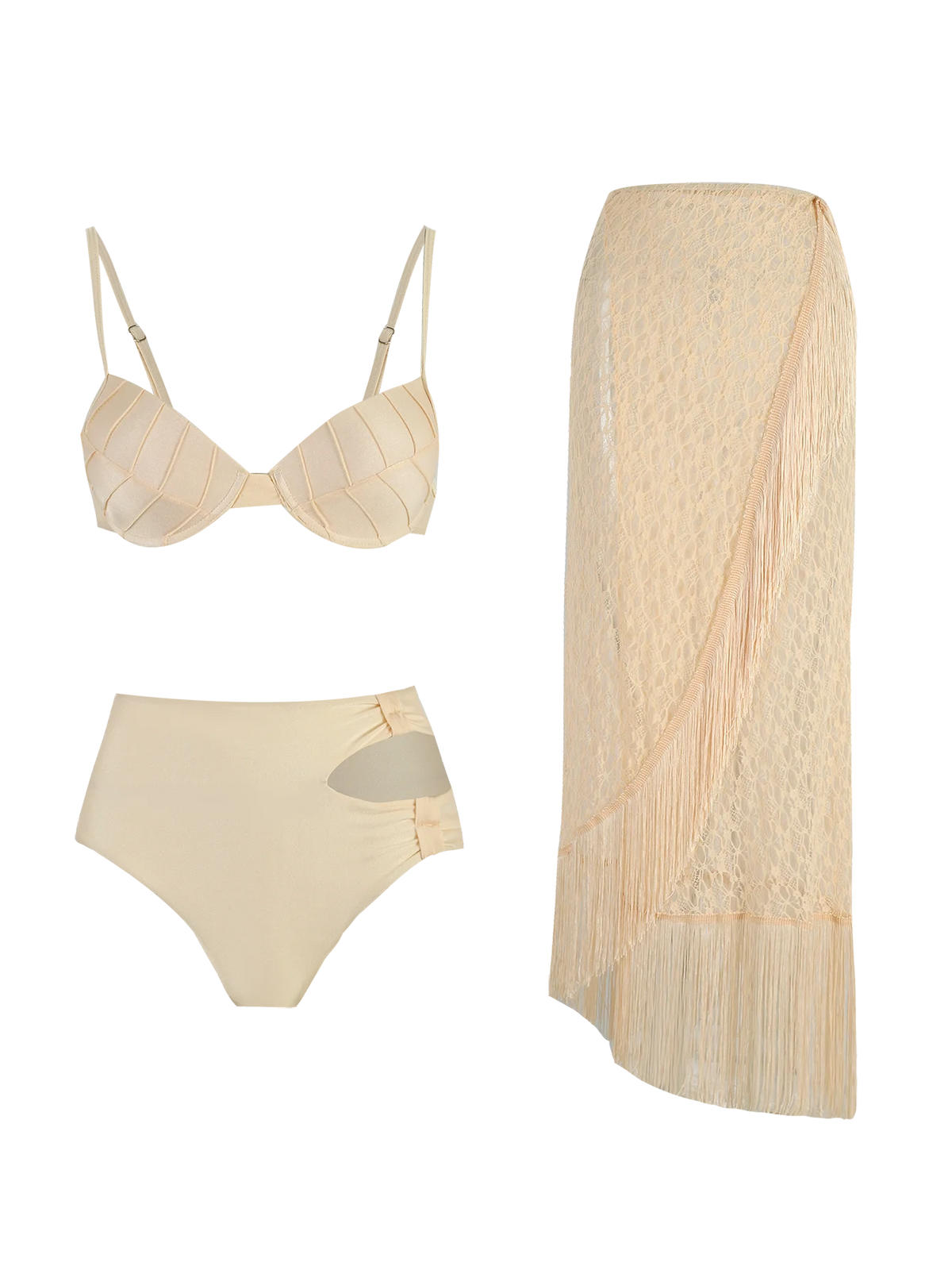 Sexy 3Pieces Push Up Bikini Set Women Swimsuit High Waist Perspective Tassel Skirt Beach Outing Bathing 2024 Feminine Swimwear