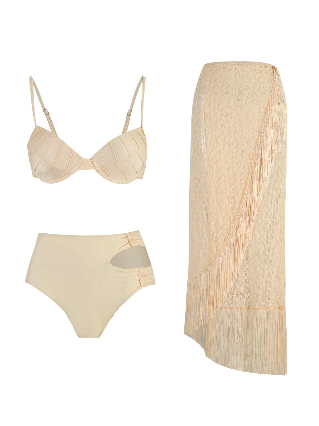 Sexy 3Pieces Push Up Bikini Set Women Swimsuit High Waist Perspective Tassel Skirt Beach Outing Bathing 2024 Feminine Swimwear