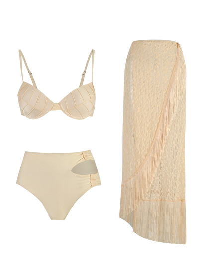 Sexy 3Pieces Push Up Bikini Set Women Swimsuit High Waist Perspective Tassel Skirt Beach Outing Bathing 2024 Feminine Swimwear