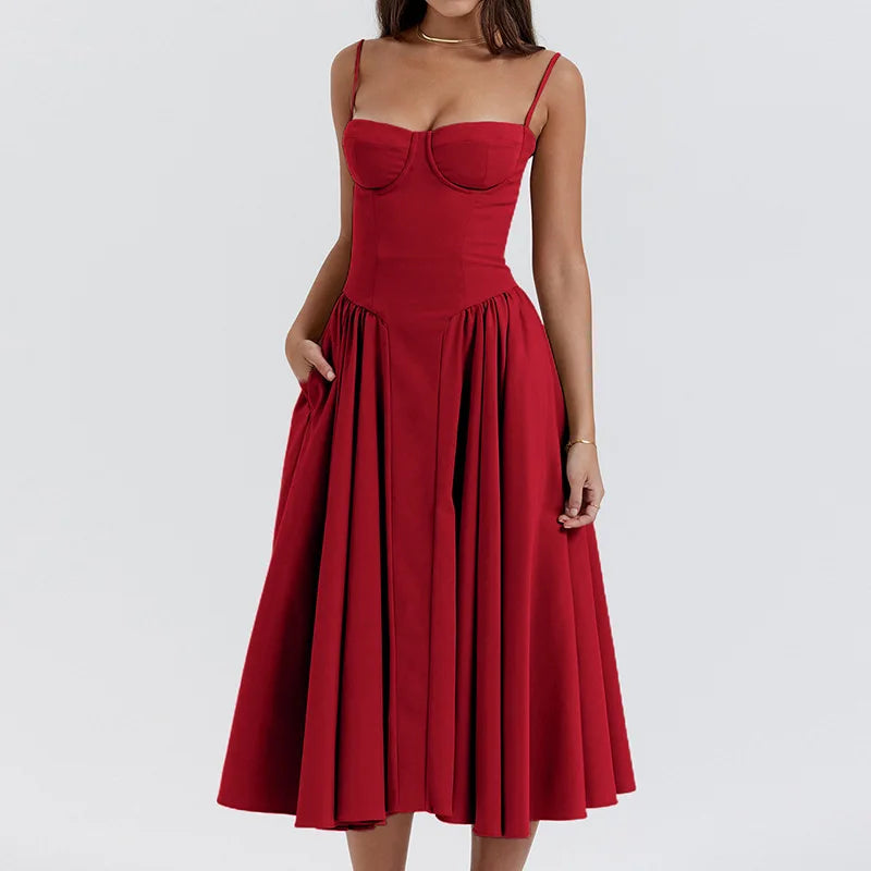 2024 Estate Sexy Della Cinghia di Spaghetti Abiti Lunghi Sottile Francese Vintage Elegantes Stile Della Bretella Vestito Da Partito Abiti Robes Longues