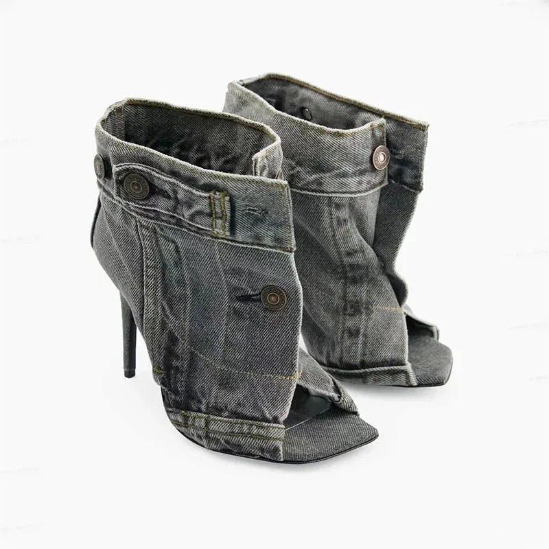 Summer Sandals Stiletto Heel Ladies Shoes Peep Toe Pumps Woman Brand Design Pumps Classic Blue Denim Boots Plus Size 43