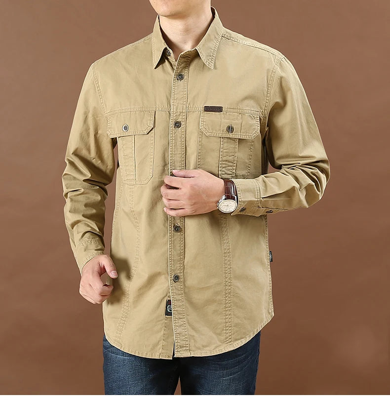 100% cotone di alta qualità primavera autunno moda uomo manica lunga tinta unita camicia Casual Multi tasca 6XL giacca Cargo di grandi dimensioni