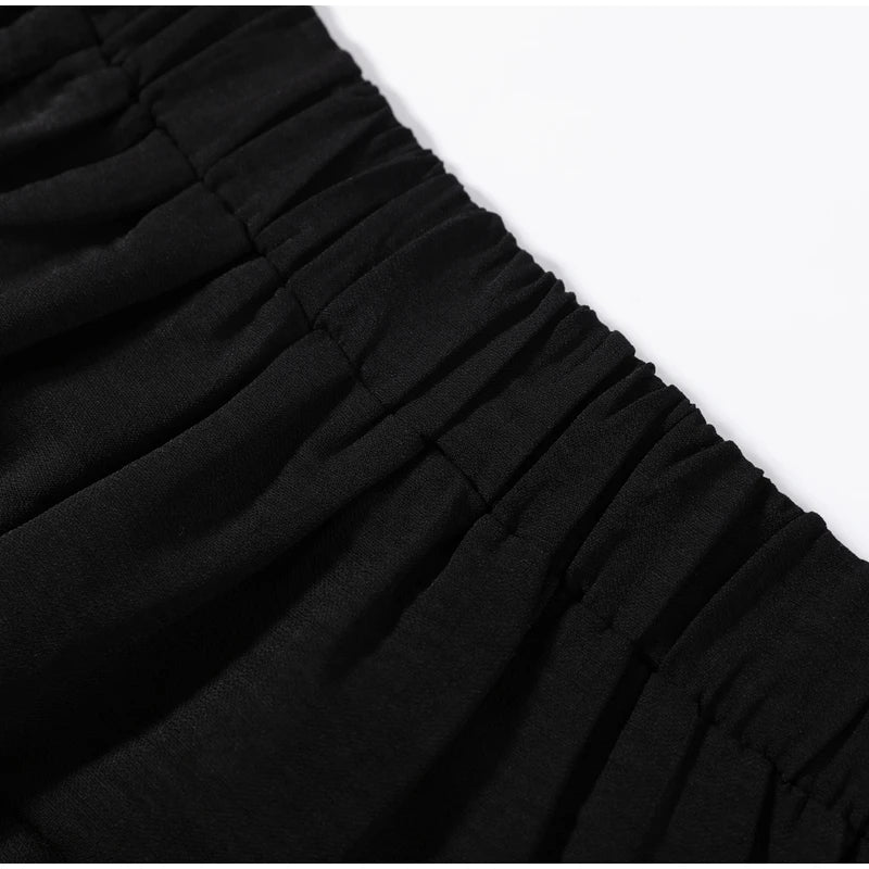 Eleganti Pantaloni a Zampa da Donna con Volant a Cascata in Chiffon a Vita Alta, Neri, Estivi 2026, Versatili, Nuovi