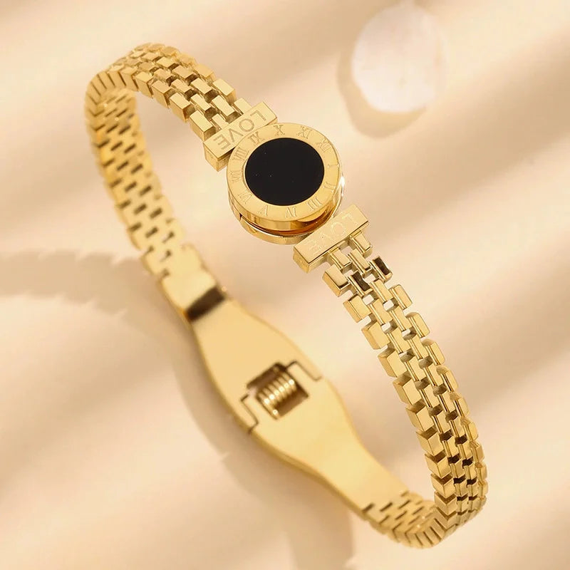 Bracciale alla moda per donna, bracciale da coppia in acciaio inossidabile acrilico nero con numeri romani incisi, regalo per ragazza