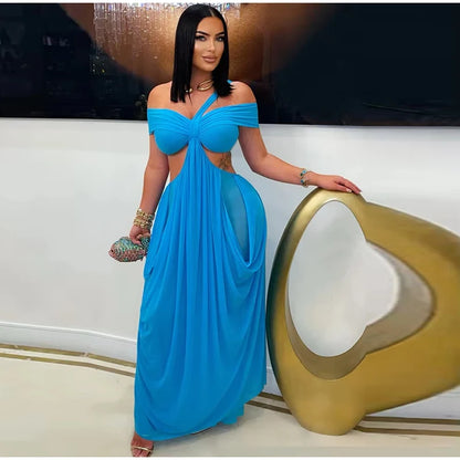 Abito lungo da spiaggia sexy da donna scava fuori senza schienale piega una linea abiti femminili 2025 moda estiva chic abiti a vita alta solidi