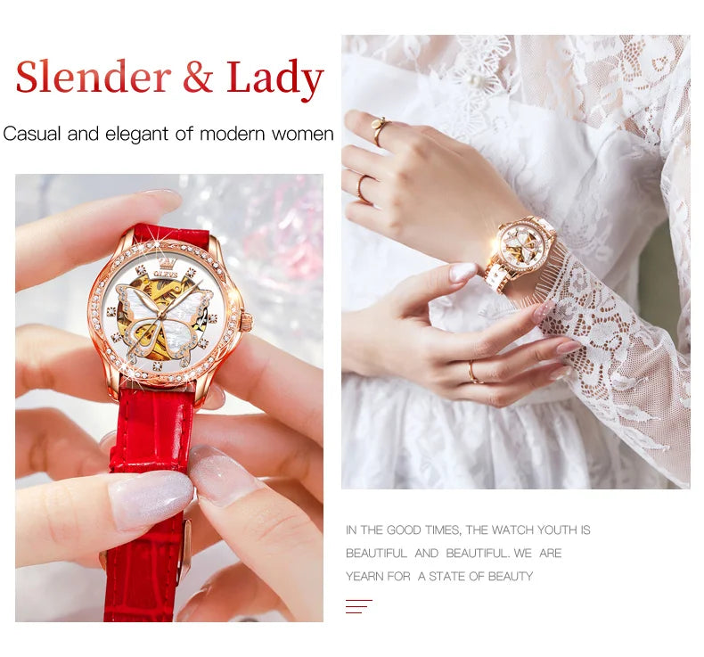 OLEVS 6622 Orologio da donna con quadrante a farfalla Orologio meccanico impermeabile di lusso per donna Orologio da polso automatico con cinturino in ceramica cava
