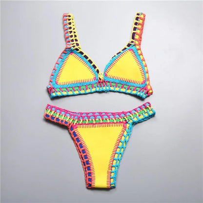 2 Pcs/Set Summer Bikini Set Bathing Suit Bright Color Patchwork Beachwear Handmade Crochet Women Swimsuit for Beach