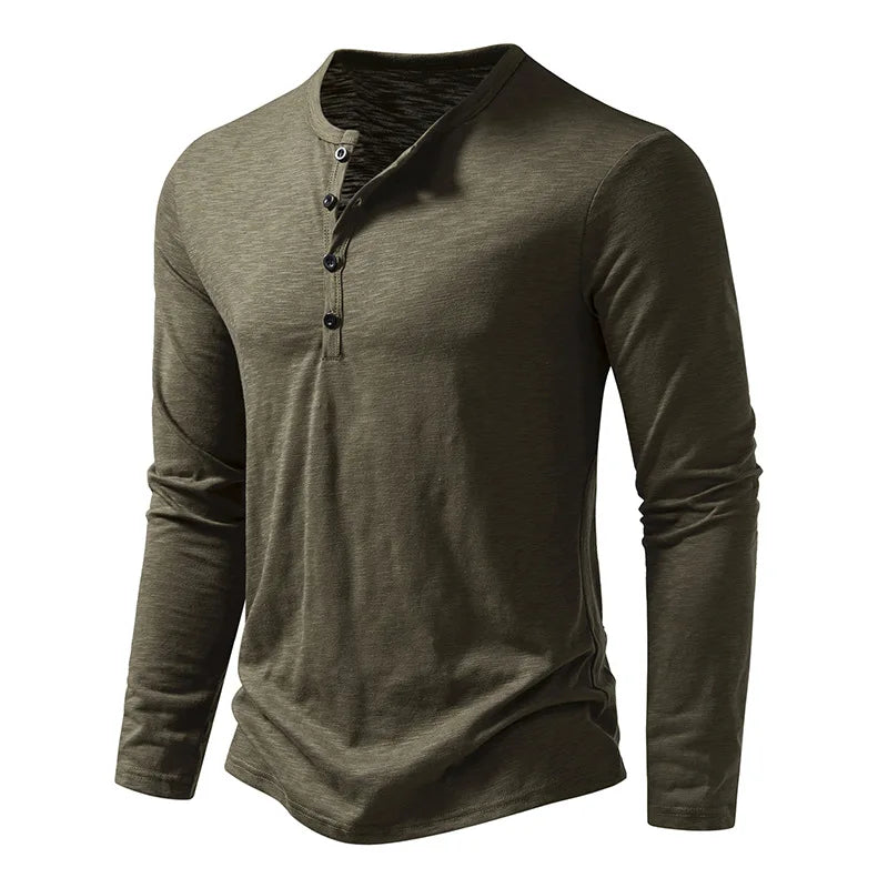 Camicia da uomo in cotone con bottoni e collo a Henley, manica lunga, bottoni casual, tinta unita, magliette alla moda