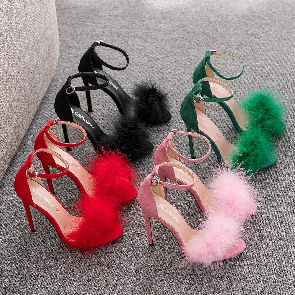 Sexy Feather High Heel Sandals Women's European  American Large 46 Fish Mouth High Heel Sandals Women Shallow Mouth Women's Shoe