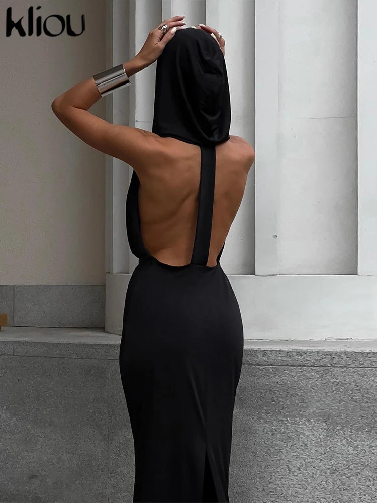 Kliou Abiti lunghi eleganti con cappuccio Donna Pantaloni a vita bassa senza maniche Sexy scollo a V profondo Backless Side Split Robe Vestido femminile High Street