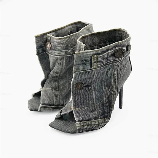 Summer Sandals Stiletto Heel Ladies Shoes Peep Toe Pumps Woman Brand Design Pumps Classic Blue Denim Boots Plus Size 43