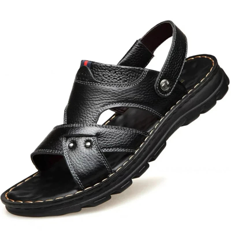 Herren-Ledersandalen für den Sommer, rutschfeste Herrenschuhe aus echtem Leder, Hausschuhe, Strandschuhe mit dicker Sohle für draußen, bequeme, weiche Herren-Sandalen
