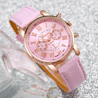 4 pezzi moda donna orologi semplice quadrante Roma orologio al quarzo cinturino in pelle da donna orologi da polso braccialetti a cuore set (senza scatola)