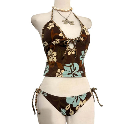 2Pcs/Set Fashion Summer Y2k Beach Bikini Punk Harajuku Women Swimsuit Vintage Goth Bikini Set Vacation