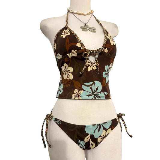 2Pcs/Set Fashion Summer Y2k Beach Bikini Punk Harajuku Women Swimsuit Vintage Goth Bikini Set Vacation