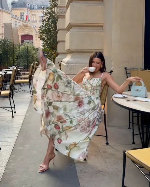 Elegante Abito Lungo da Donna Senza Maniche con Stampa Chic, Vestito Maxi a Trapezio con Cintura in Vita, Collezione Estate 2026, per Vacanze e Streetwear
