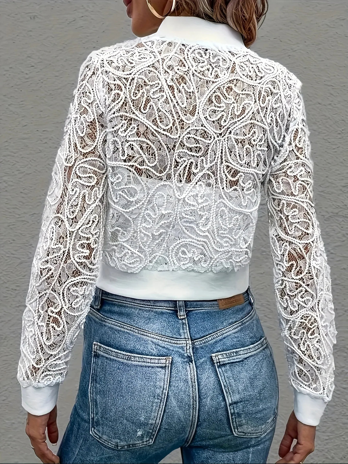 Cappotto corto con cerniera in pizzo bianco stile europeo e americano, top cardigan sottile cavo alla moda, nuovo in primavera e autunno