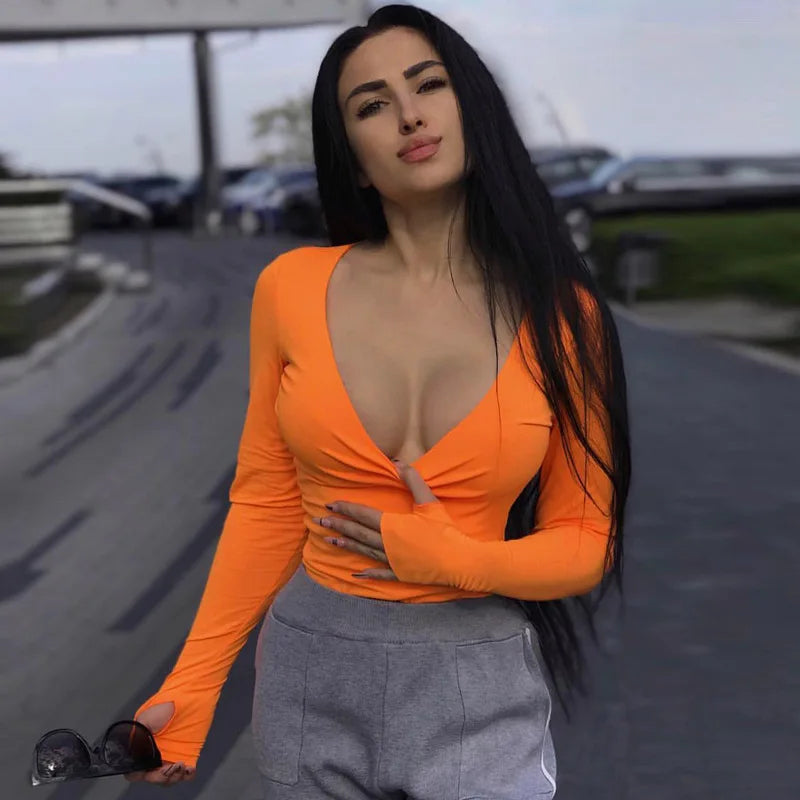 Body arancione al neon da donna manica lunga aderente sexy autunno inverno streetwear club abiti da festa abbigliamento femminile casual
