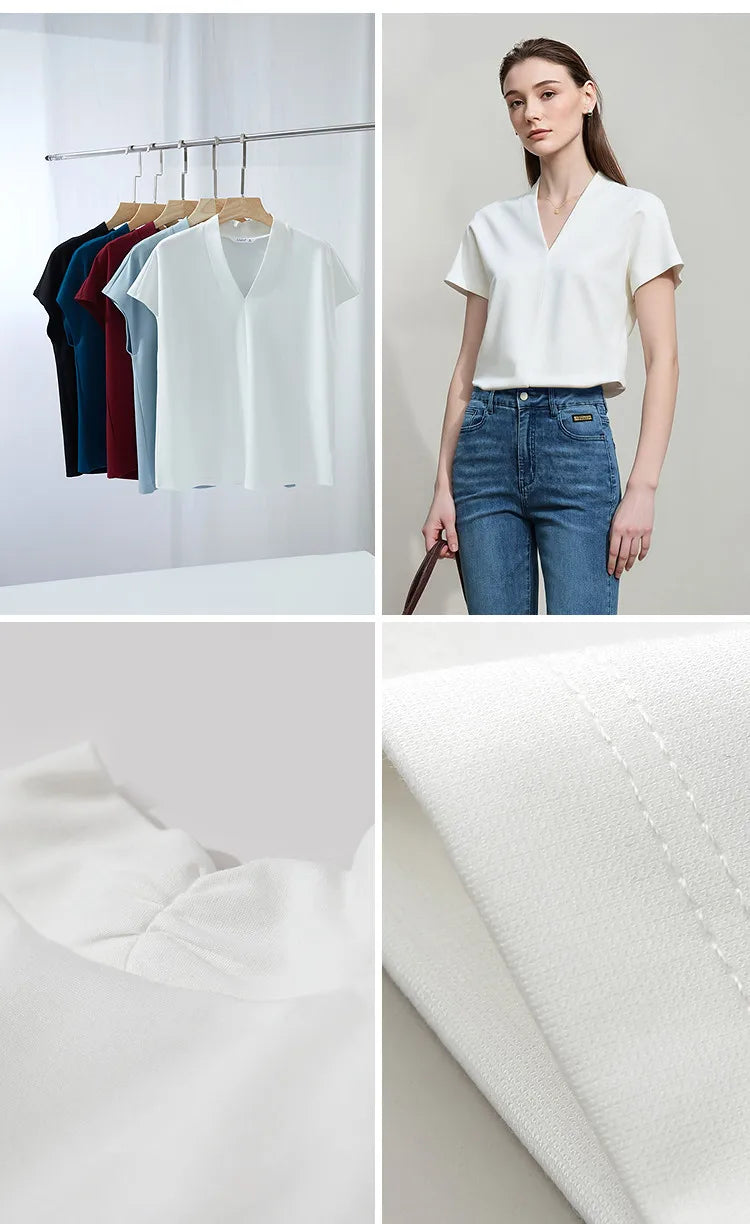 AMII Minimalism 2026 T-shirt Estiva da Donna Stile Classico Casual Scollo a V Manica Corta Tinta Unita Elasticizzata Top e Magliette Femminili 12312013