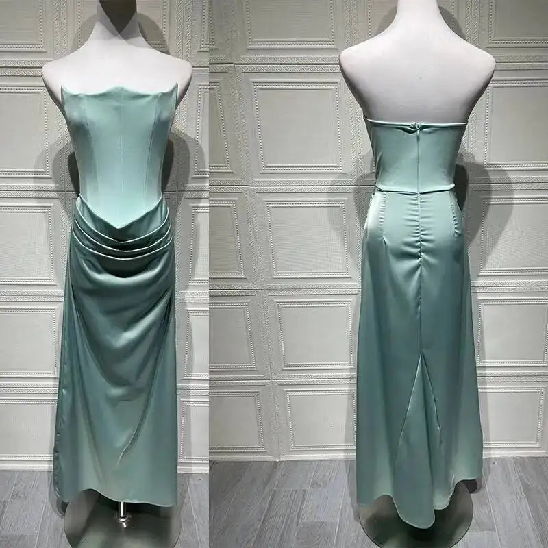 Giyu Sexy Satin Evening Club Abiti da festa Donna 2025 Estate senza spalline con spalle scoperte Lisca di pesce increspato Maxi abito lungo Abito elegante