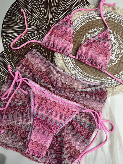 Costume da bagno estivo da donna nuovo, bikini lavorato a maglia in 3 pezzi con costumi da bagno con copertura avvolgente e scollo all'americana per le vacanze al mare