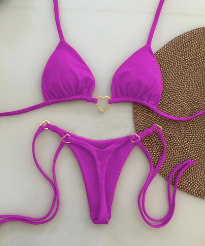 Sexy Low-Waist Bikini Set for Women Summer Solid Color Tie-Front Swimsuit with Padded Top for Beach Vacation