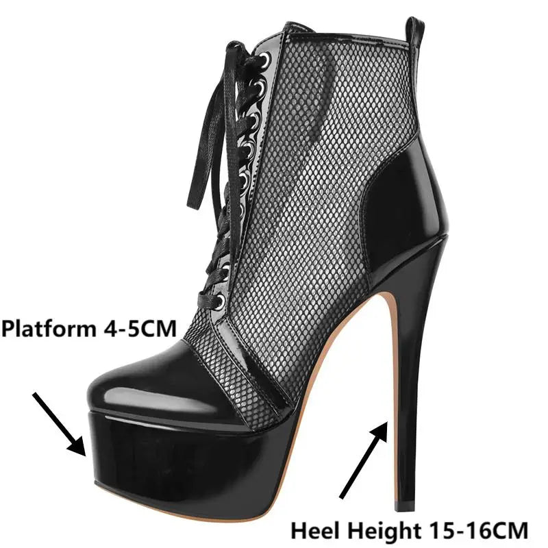 Onlymaker Women Platform Ankle Boots Black Lace Up Mesh 16CM Thin High Heel FashionSexy  Stiletto Female Boots